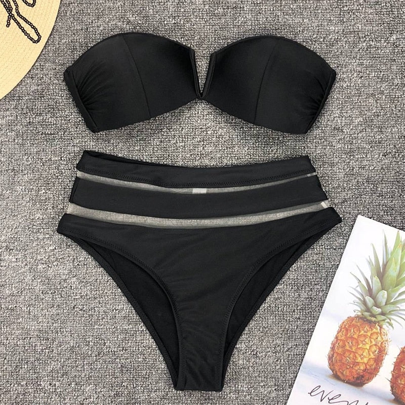 High waist mesh bikini set for women featuring off-shoulder design and push-up style, from The Clothing Company Sydney.