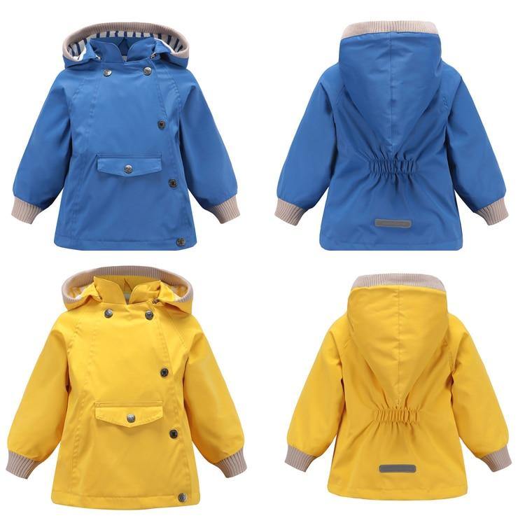 Kids waterproof hooded windbreaker jacket by The Clothing Company Sydney, featuring pockets, cotton lining, ideal for rain and wind.