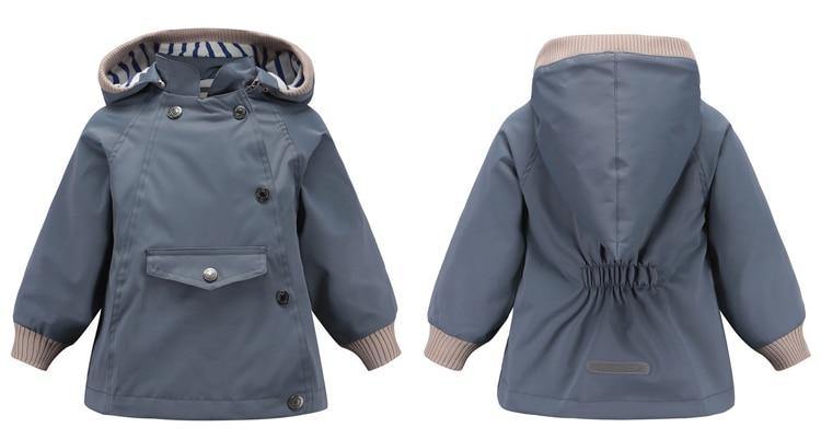 Kids waterproof hooded windbreaker jacket with pockets, cotton lining, suitable for boys and girls by The Clothing Company Sydney.