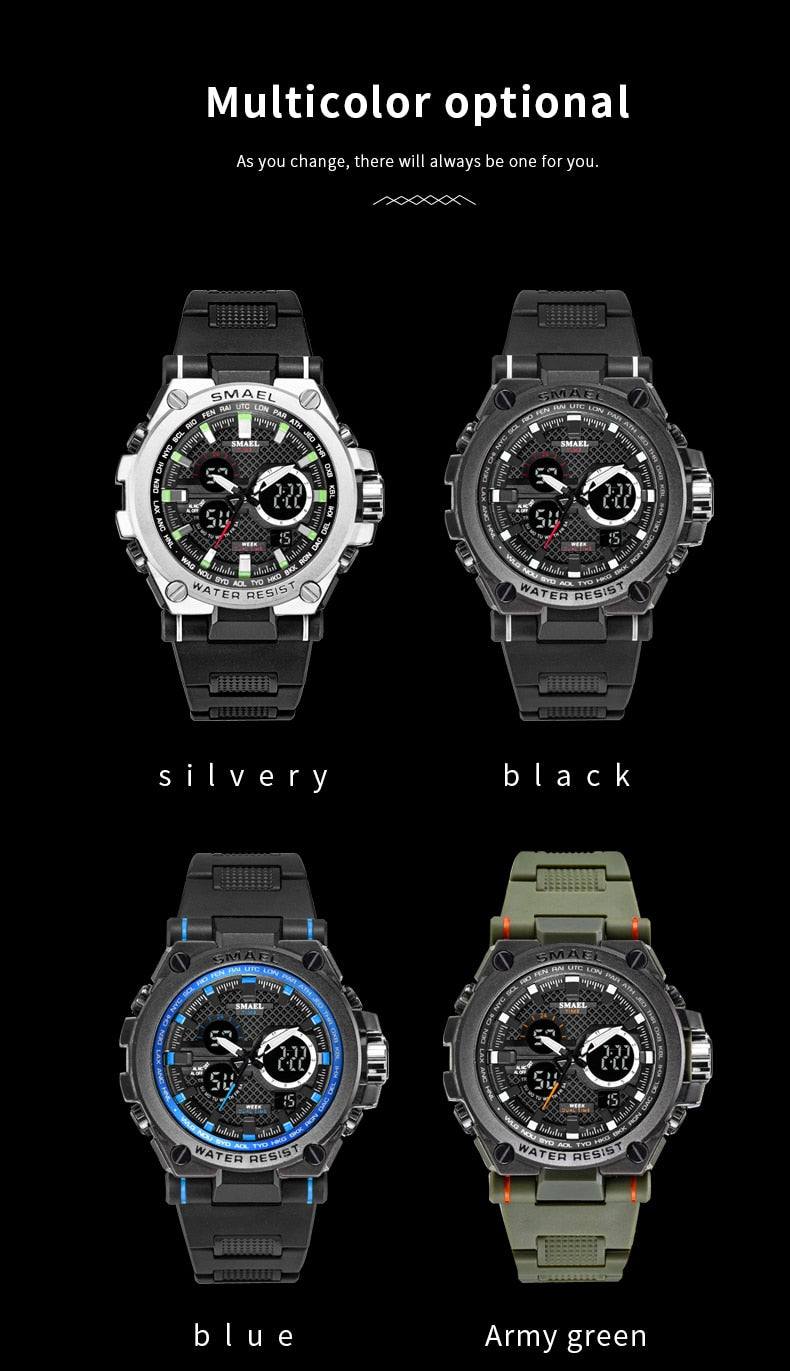Men's Sport LED digital watch with water resistance, multifunction quartz, and durable strap showing time and features.