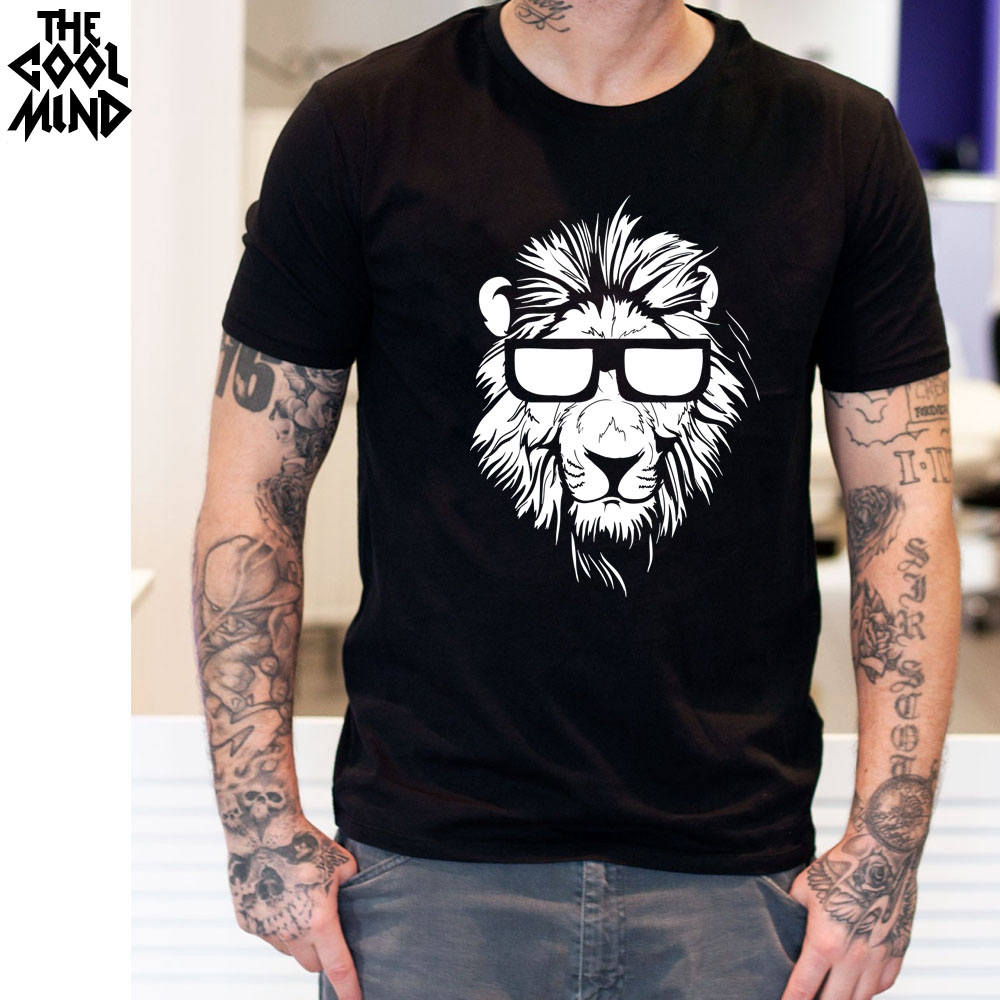 Lion printed cotton short sleeve men's T-shirt with casual O-neck from The Clothing Company Sydney, featuring a comfortable knit design.