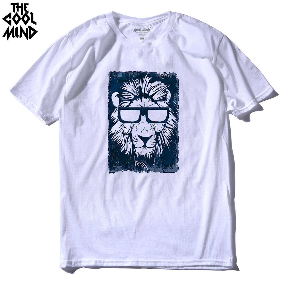 Cotton short sleeve men's T-shirt with lion print, casual O-neck design, knitted fabric from The Clothing Company Sydney.