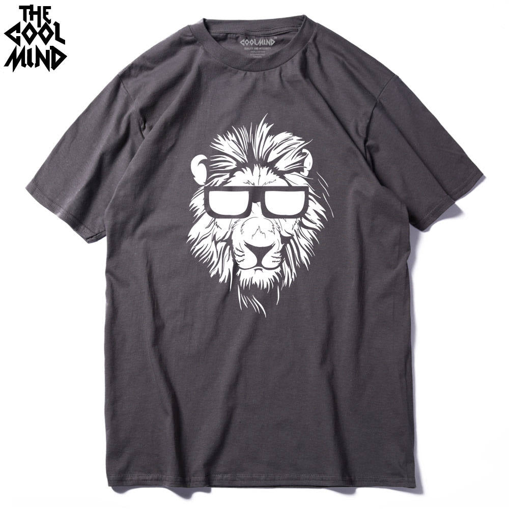 Cotton short sleeve men's T-shirt with lion animal print, casual O-neck design from The Clothing Company Sydney.