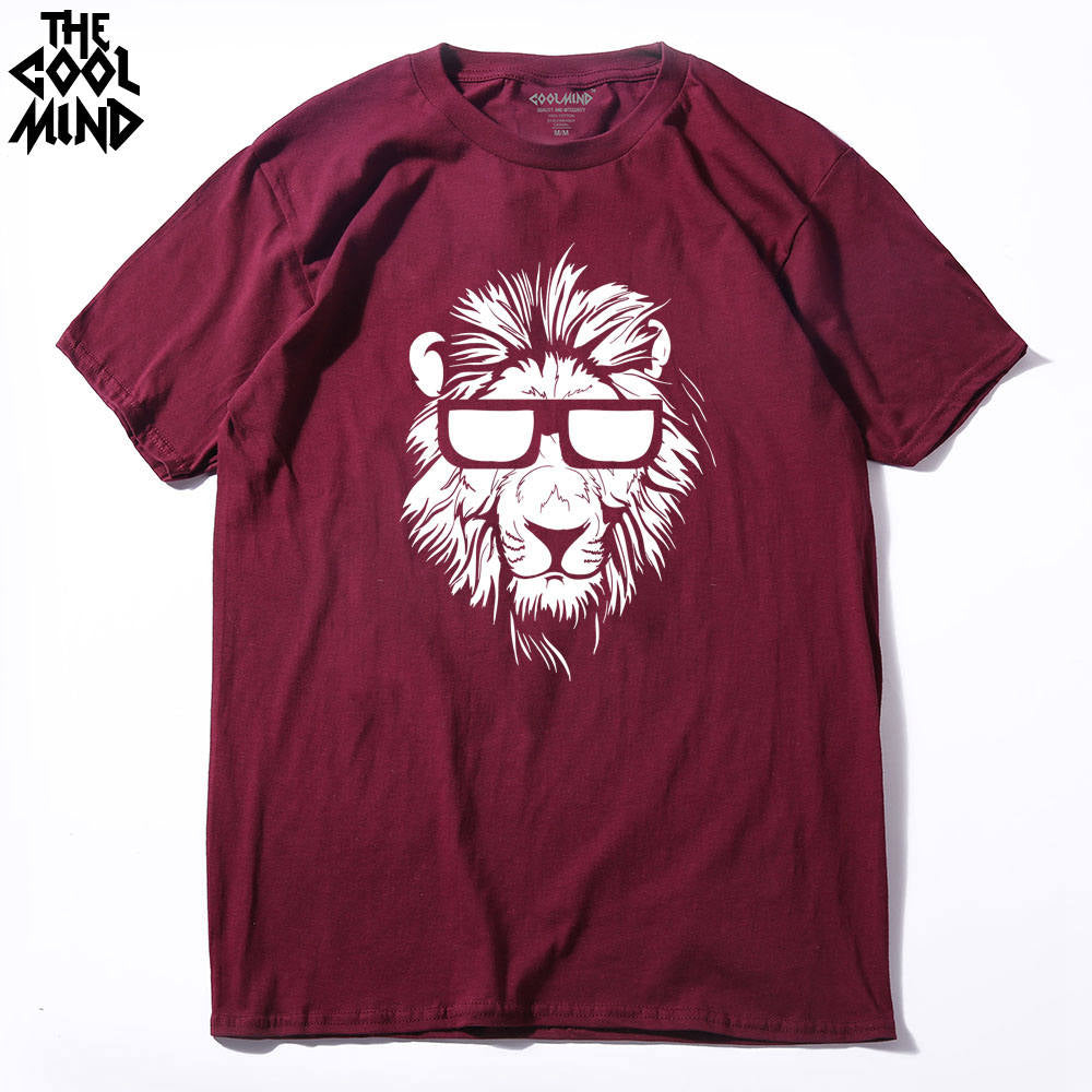 Cotton short sleeve men's T-shirt with lion animal print, casual O-neck design from The Clothing Company Sydney.