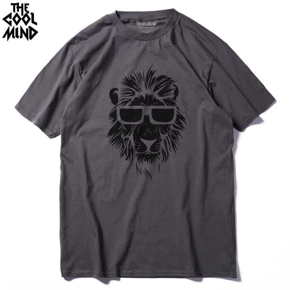 Cotton men's short sleeve T-shirt with lion animal print, casual o-neck design from The Clothing Company Sydney.
