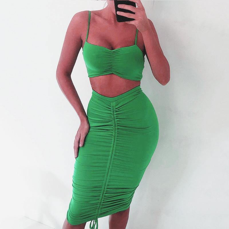 Green summer two-piece dress set for women by The Clothing Company Sydney, featuring a ruched crop top and matching skirt.