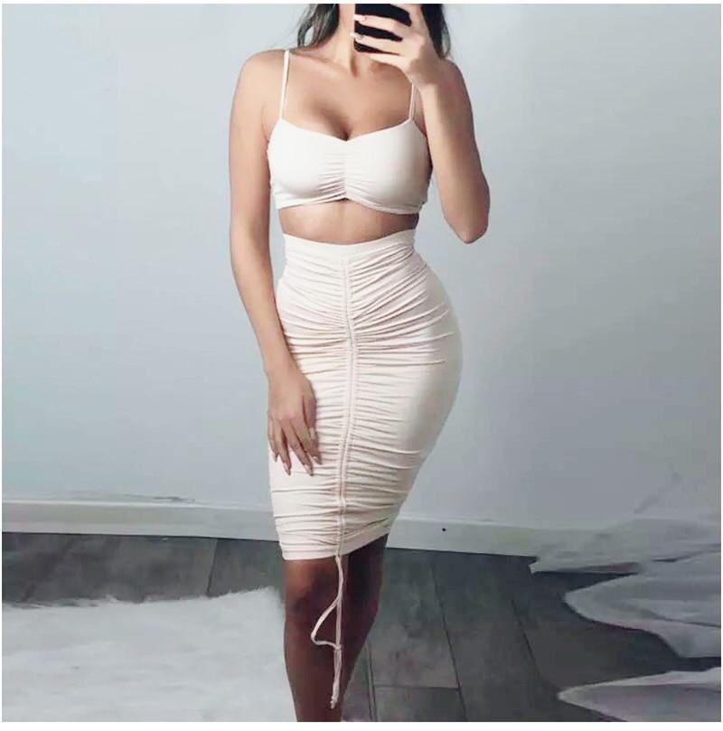 Green summer two-piece dress set for women with ruched crop top and matching skirt, stylish club wear by The Clothing Company Sydney.