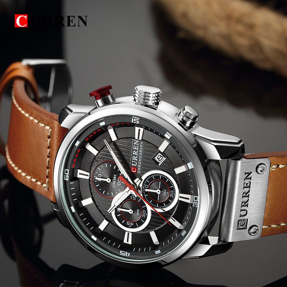 Luxury analog-digital leather men's military quartz watch with sporty design and military-inspired details.