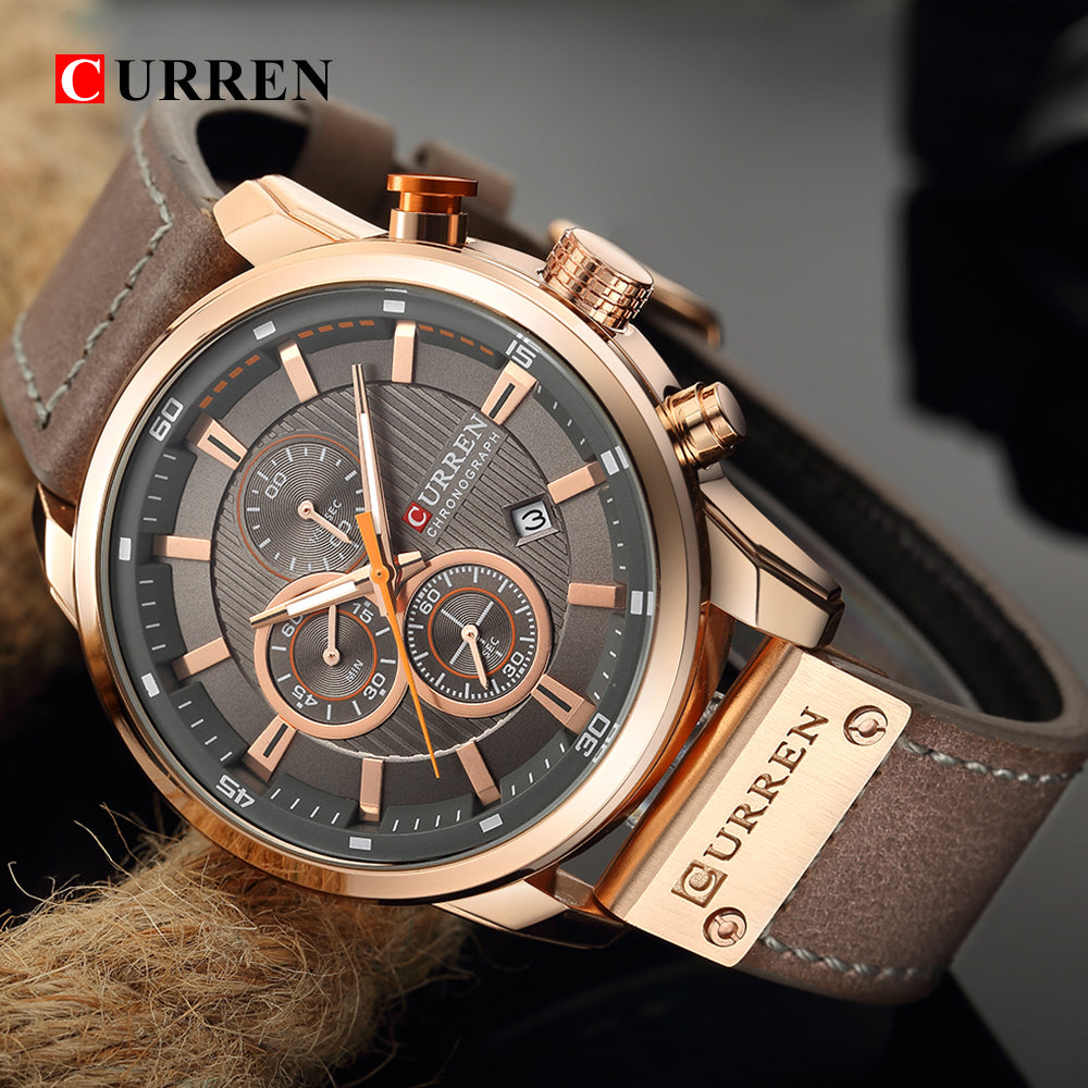Luxury analog-digital leather men's military quartz watch with sporty design and military-inspired details.