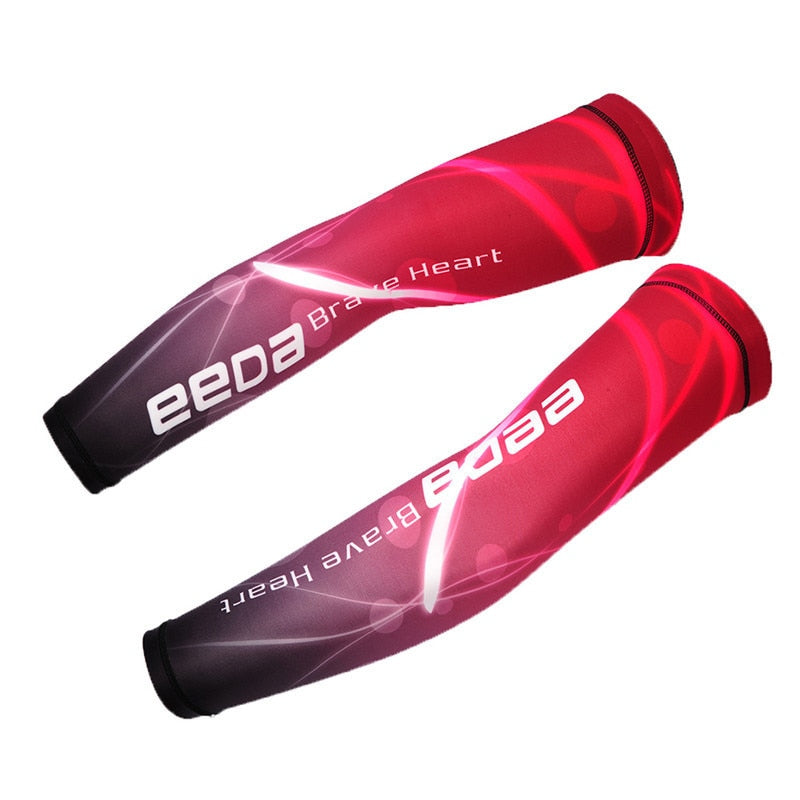 Black cycling and running arm sleeves with UV sun protection and breathable fabric, suitable for sports like volleyball, basketball, and football.