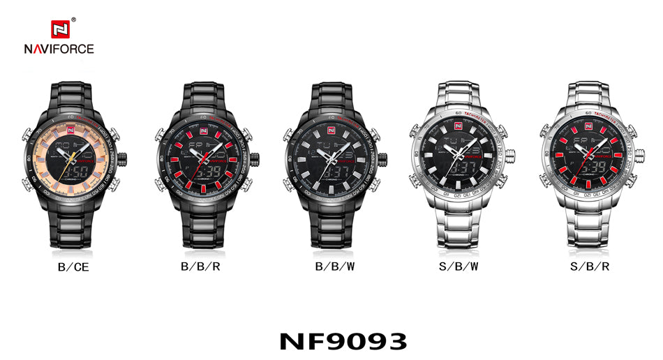 Stainless steel NAVIFORCE men's quartz analog watch with a sleek black dial, waterproof design, and sporty fashion style.