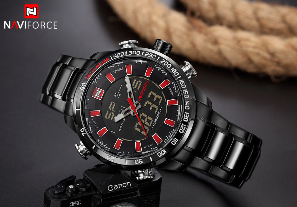 NAVIFORCE men's quartz analog wristwatch with stainless steel strap, water-resistant, luxury fashion sport watch for men.