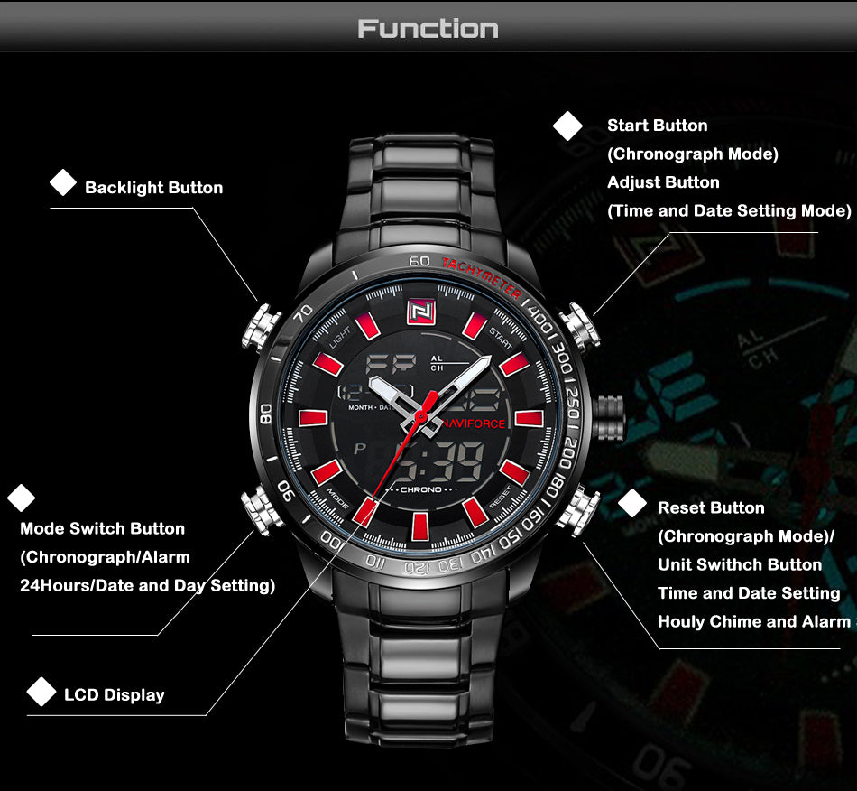 NAVIFORCE men's quartz analog wristwatch with stainless steel band, water-resistant, luxury fashion sport watch for men.