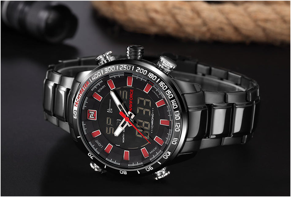 NAVIFORCE men's quartz analog wristwatch with stainless steel strap, waterproof design, luxury fashion sports style.