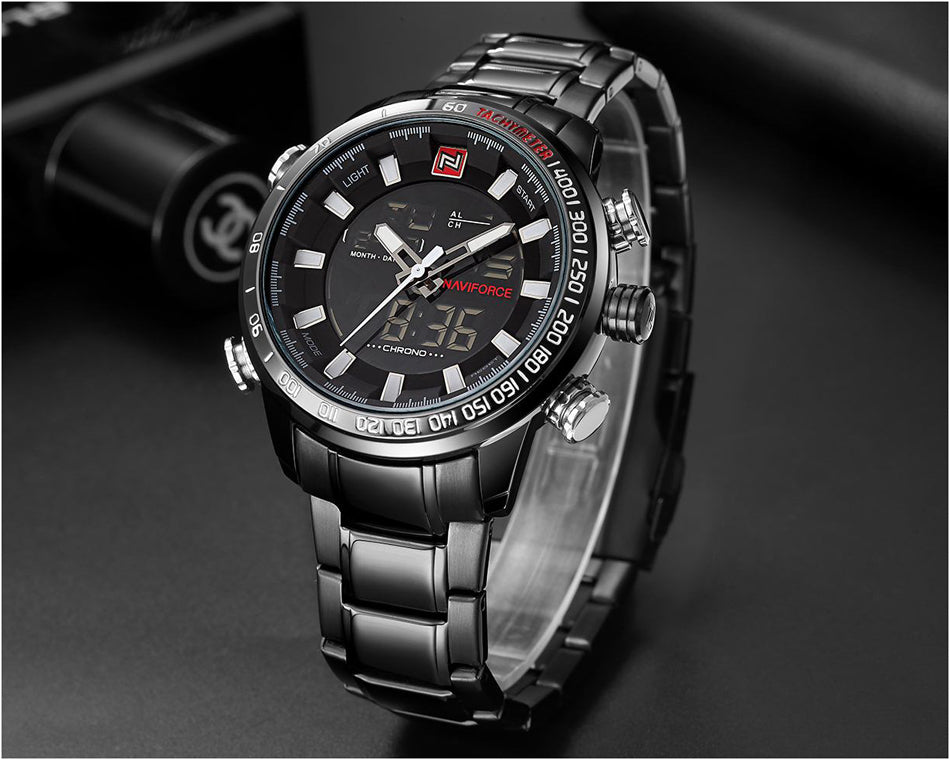 Stainless steel NAVIFORCE men's quartz analog watch with waterproof design, luxury fashion sport wristwatch for men.