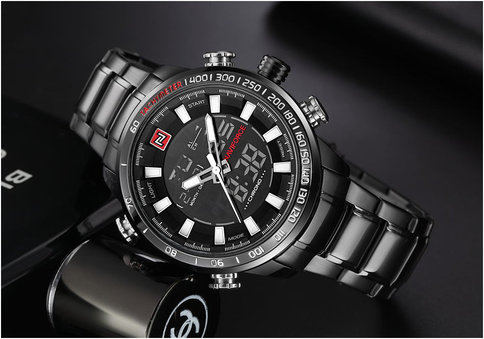 Luxury NAVIFORCE men's quartz analog wristwatch featuring stainless steel band, waterproof design, and sporty fashion style.