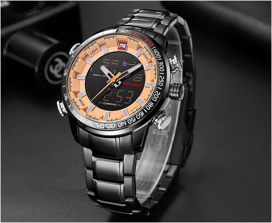 NAVIFORCE men's quartz analog wristwatch with stainless steel strap, waterproof design, luxury fashion sport watch for men.
