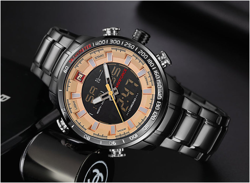 NAVIFORCE men's quartz analog luxury sports watch with stainless steel band, waterproof design, suitable for stylish male wearers