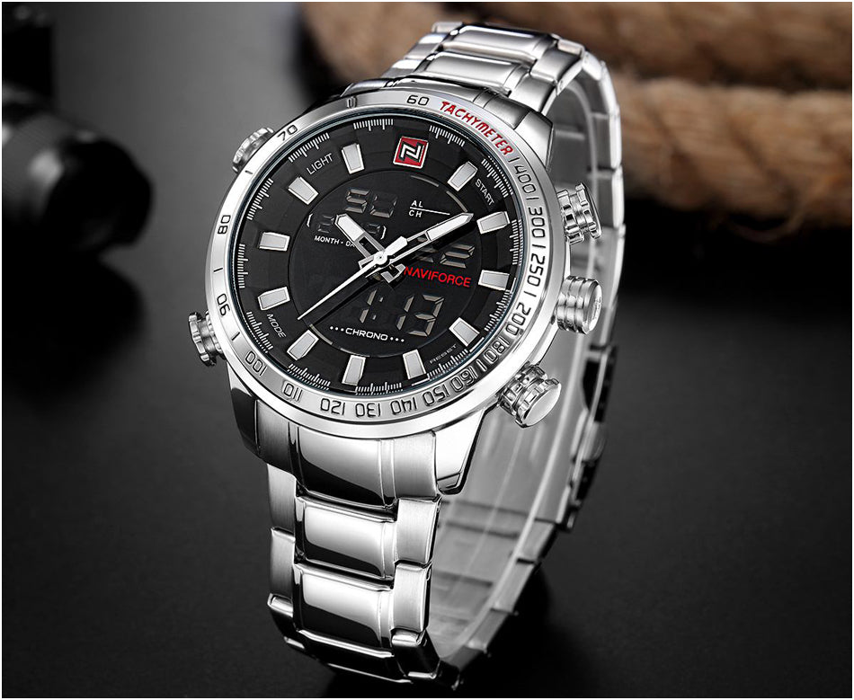 NAVIFORCE men's quartz analog luxury sport wristwatch with waterproof stainless steel band and stylish design.