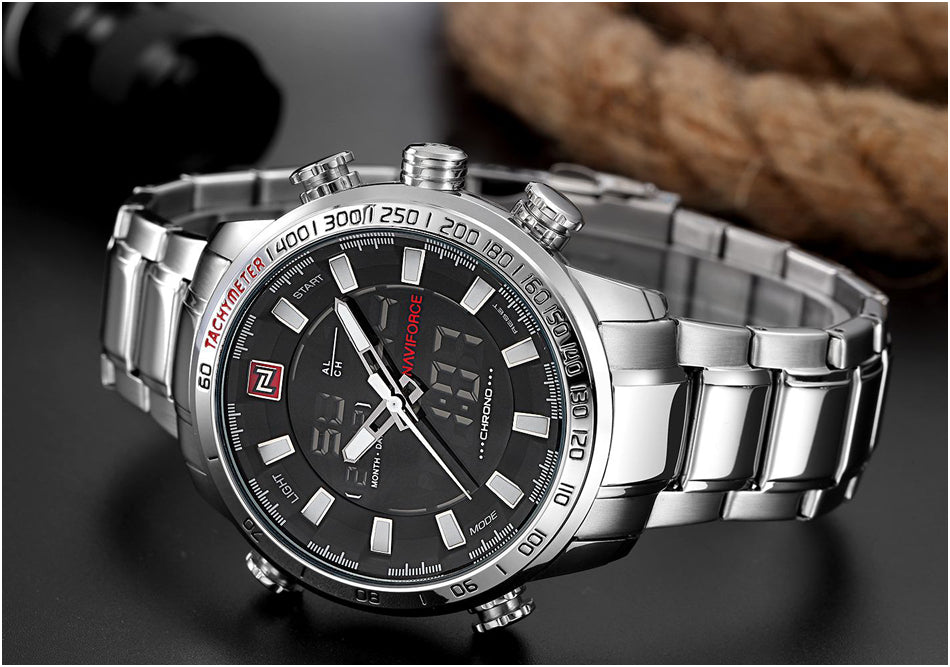 Luxury NAVIFORCE men's quartz analog wristwatch with stainless steel strap, waterproof design, suitable for fashion and sports.