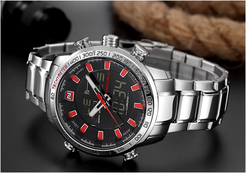 Stainless steel men's NAVIFORCE quartz analog wristwatch with waterproof design, luxury fashion style, and sporty features.