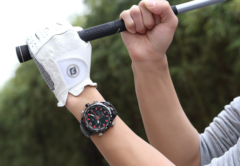 NAVIFORCE men's quartz analog watch featuring a stainless steel band, waterproof design, and sporty luxury style.