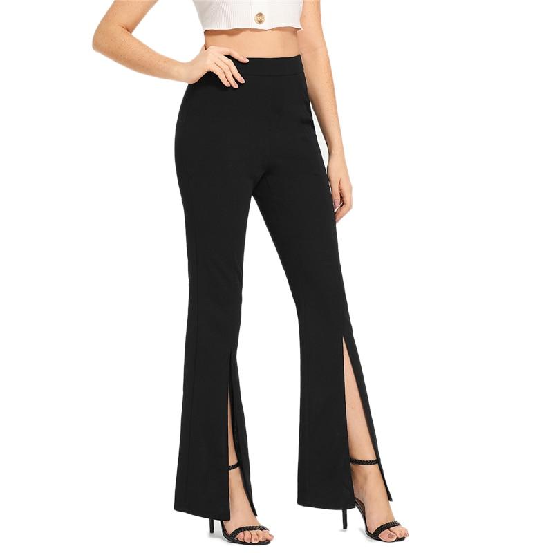 Black split solid leggings from The Clothing Company Sydney, mid-waist casual workwear pants for fitness and spring-autumn wear.