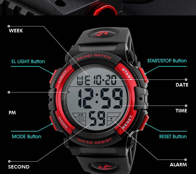Men's luxury digital sport watch by The Clothing Company Sydney, waterproof up to 50M with electronic display.