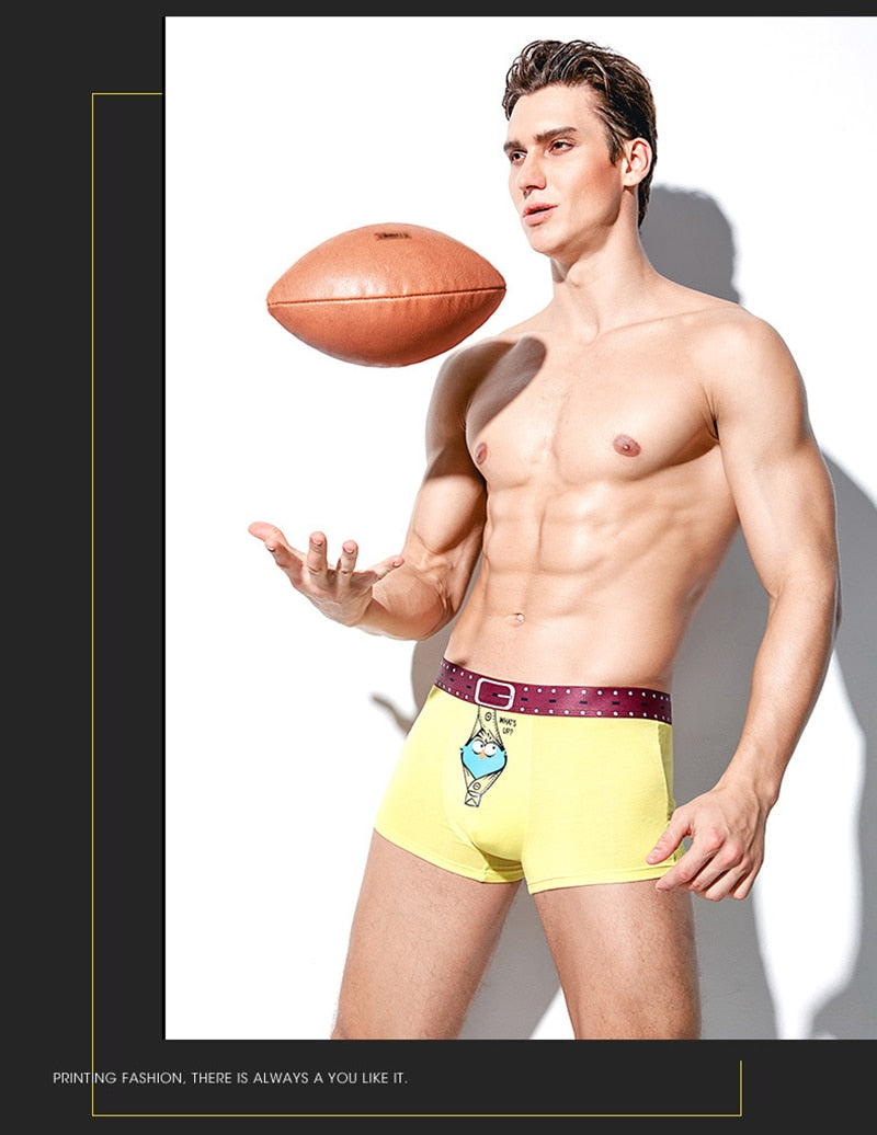 Four pairs of breathable men's boxer briefs by The Clothing Company Sydney, featuring printed designs and U convex pouch for comfort.