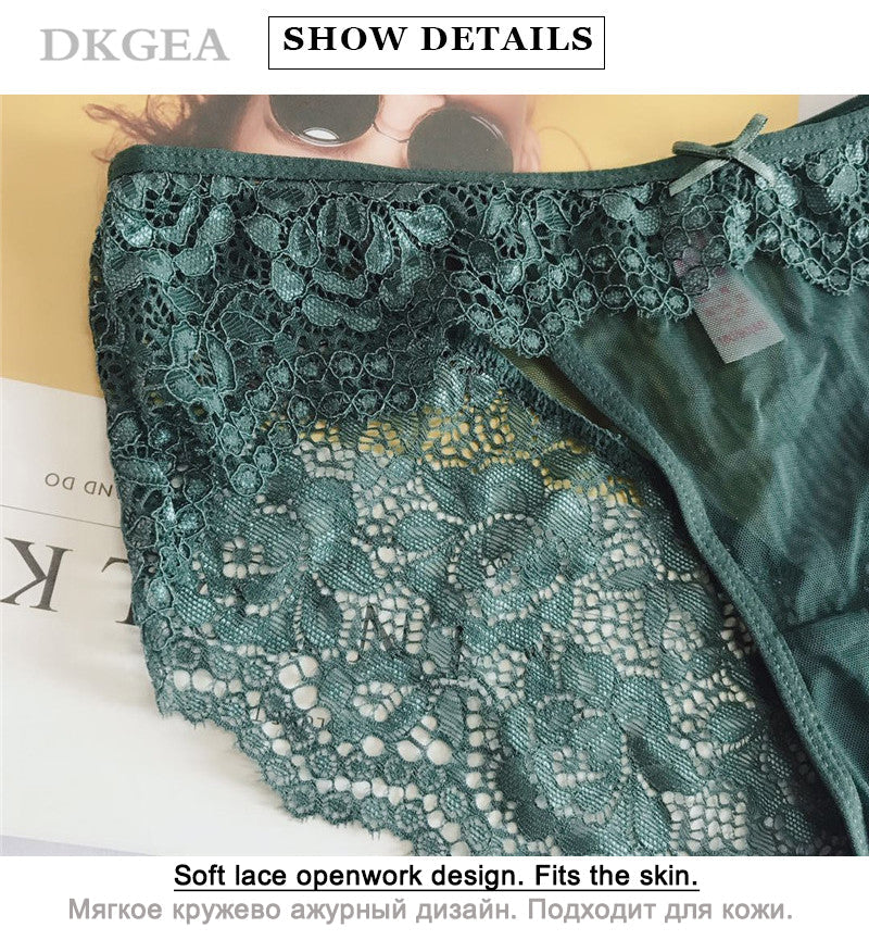 Three-piece set of low-rise lace transparent underwear in white, green, and red with embroidery details from The Clothing Company Sydney.