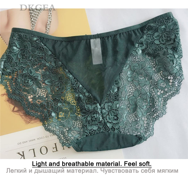 White, green, and red lace transparent lingerie briefs with hollow embroidery, low-rise design by The Clothing Company Sydney.