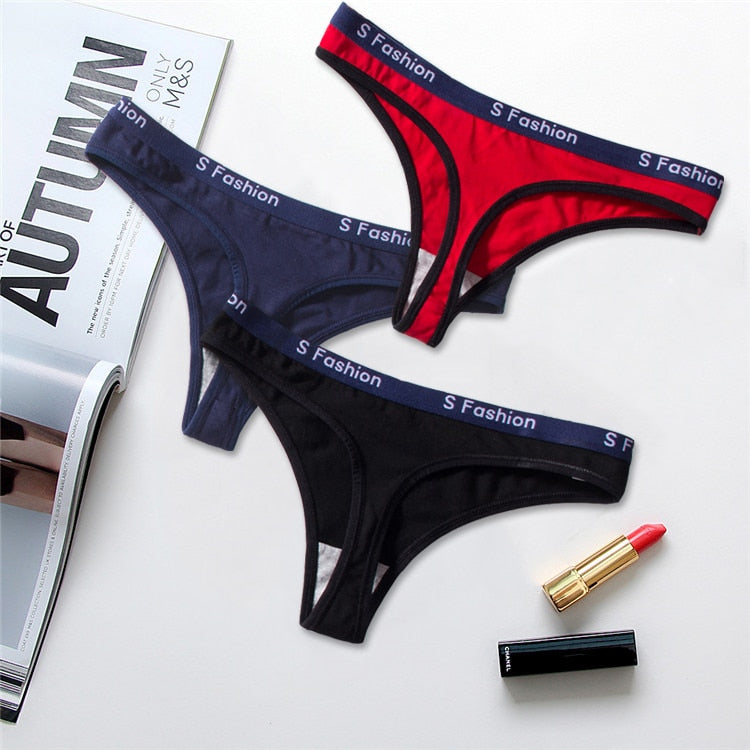 Three-pack of G-string cotton mix panties with T-back design, seamless low-rise bikinis, transparent briefs from The Clothing Company Sydney.
