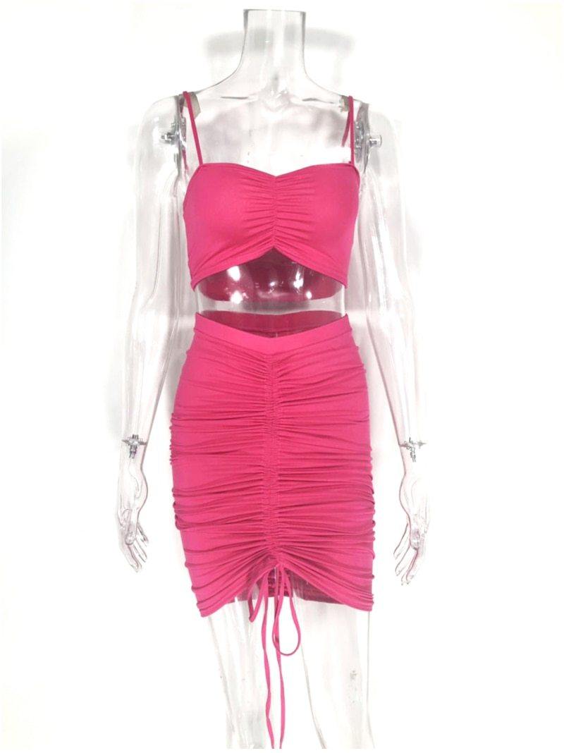 Green summer two-piece dress set for women, featuring a ruched crop top and matching skirt, by The Clothing Company Sydney.