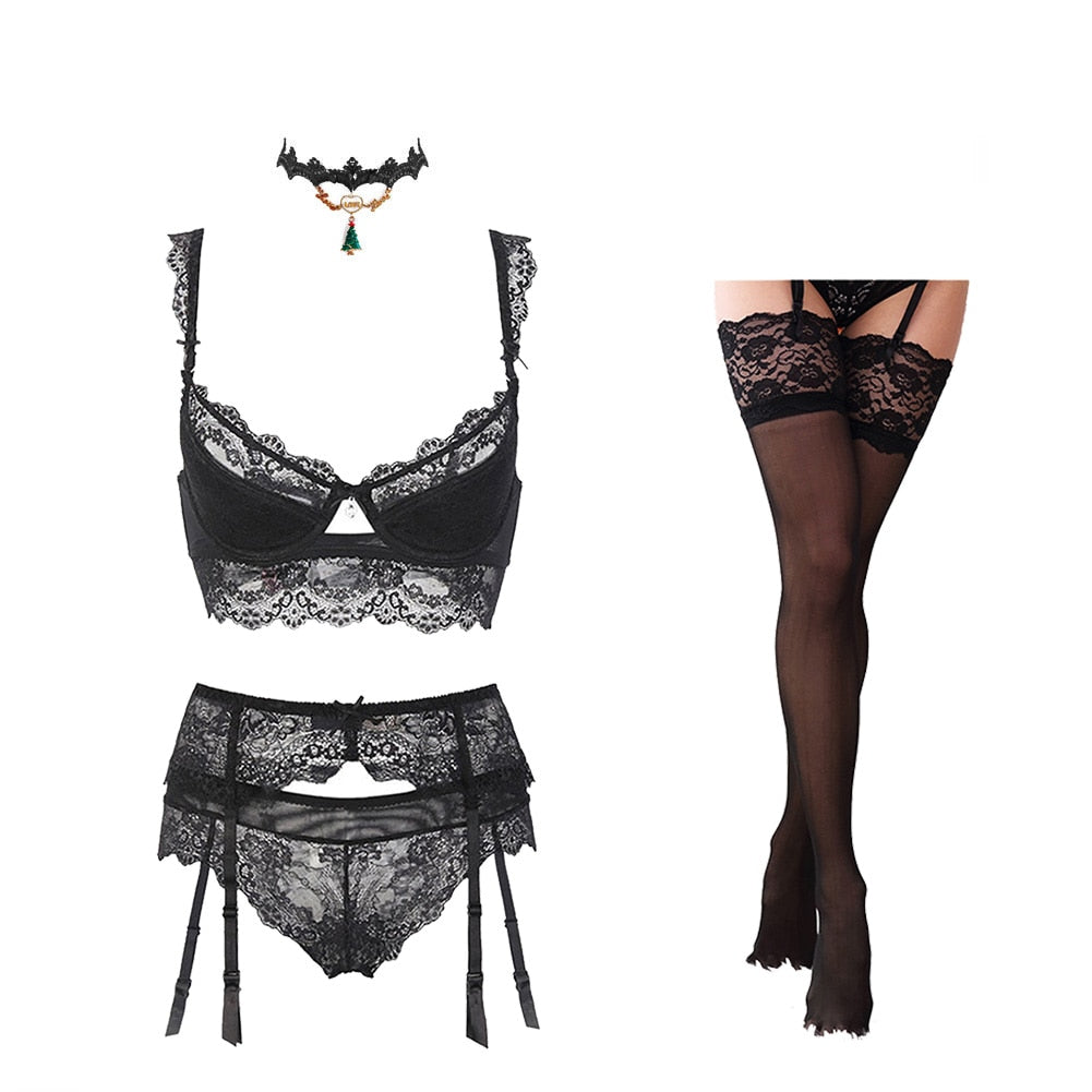 Lingerie set with lace push-up bra, matching panties, garter, stockings, and necklace from The Clothing Company Sydney.