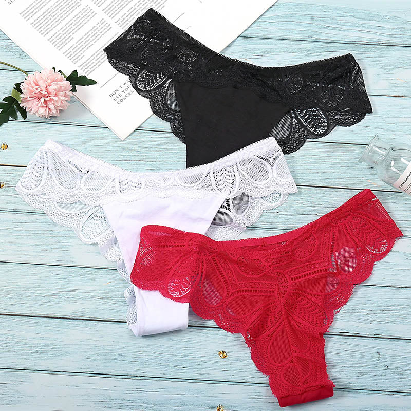 Three-pack cotton G-string briefs from The Clothing Company Sydney featuring lace and floral design, comfortable lingerie thong panties.