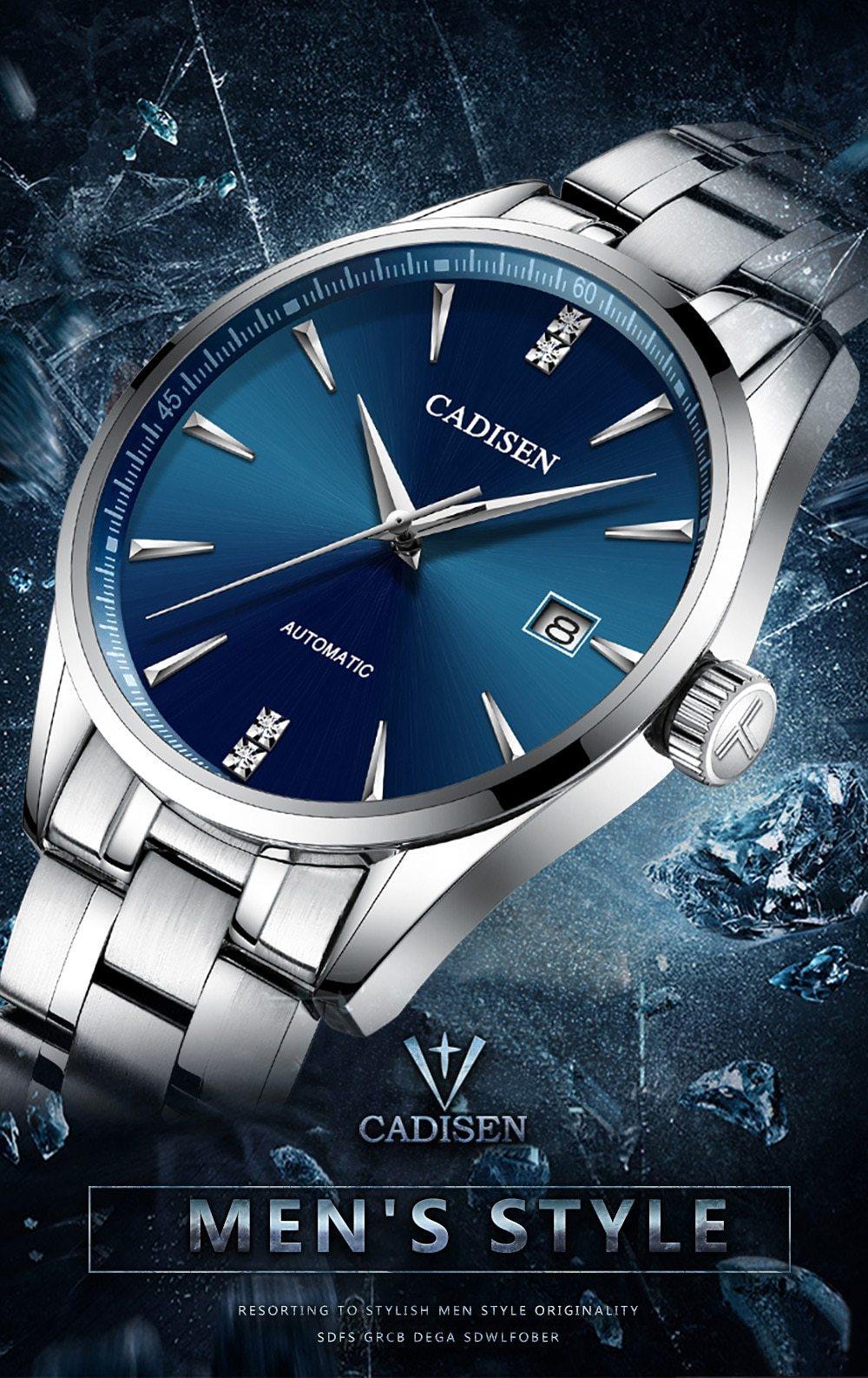 Automatic mechanical men's watch with stainless steel case, curved glass, waterproof design, and Japan NH35A movement.