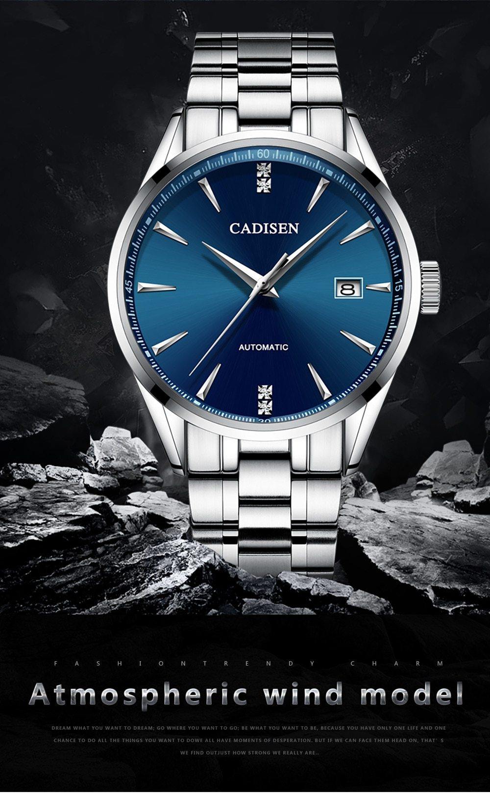 Stainless steel automatic men's watch with curved glass, Japan NH35A movement, waterproof design, suitable for business and leisure.