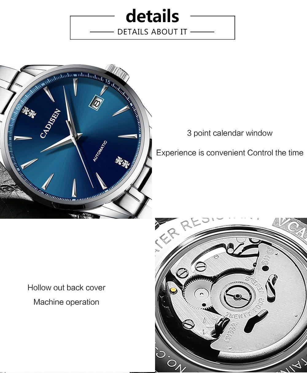 Stainless steel men's automatic mechanical watch with curved glass, Japan NH35A movement, waterproof, suitable for business and leisure.