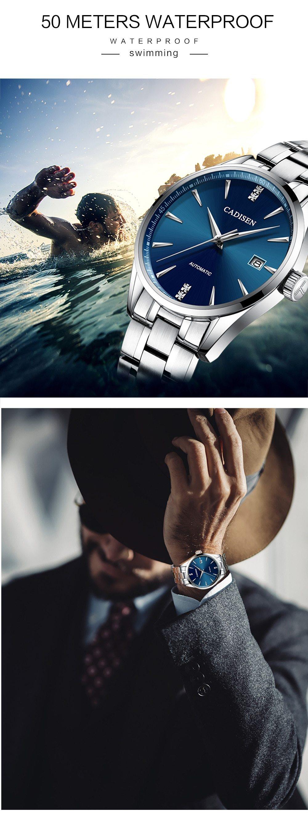 Stainless steel automatic men's watch with curved glass, Japan NH35A movement, waterproof, suitable for business and leisure wear