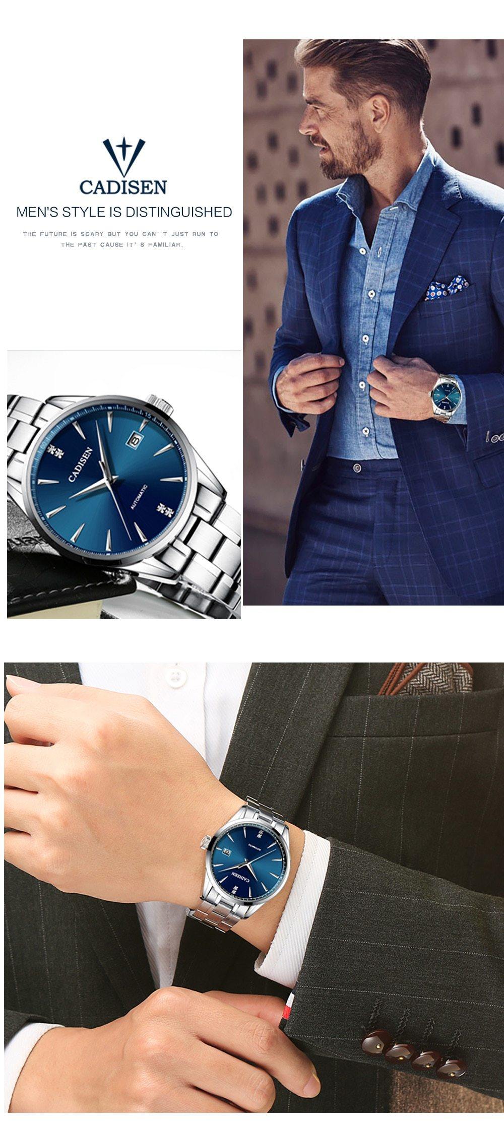 Stainless steel automatic men's watch with curved glass, Japan NH35A movement, waterproof design, suitable for business and leisure.