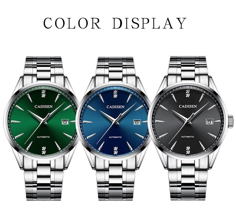 Stainless steel automatic men's wristwatch with curved glass, Japan NH35A movement, waterproof, suitable for business and leisure.
