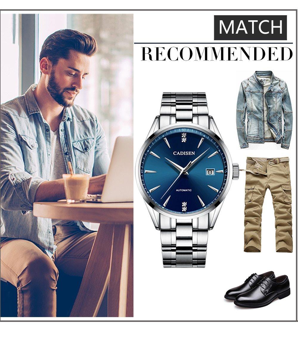 Stainless steel automatic men's wristwatch with curved glass, Japan NH35A movement, waterproof, suitable for business and leisure wear