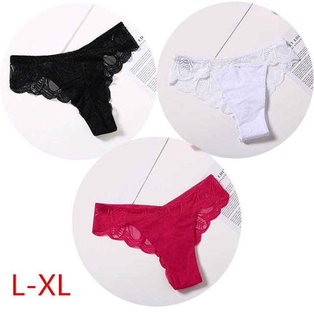 Three pack of cotton G-string briefs from The Clothing Company Sydney featuring lace and floral design lingerie underwear.