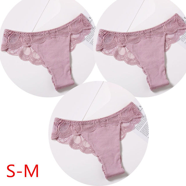Three pack of lace cotton G-string briefs from The Clothing Company Sydney featuring floral thong panties in assorted colors.