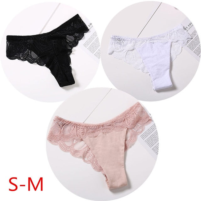 Three pack of lace cotton G-string briefs with floral design from The Clothing Company Sydney, showcasing comfortable lingerie.