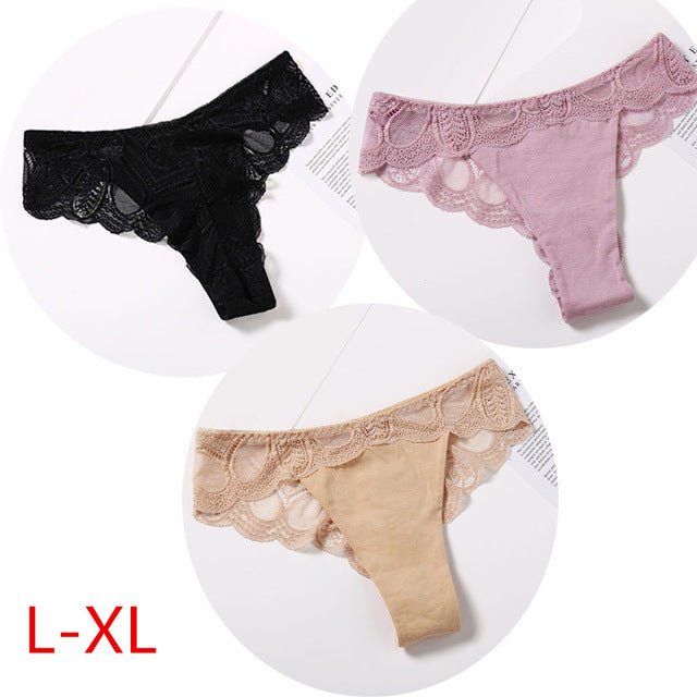 Three-pack cotton lace G-string briefs with floral design from The Clothing Company Sydney, featuring comfortable thong underwear.