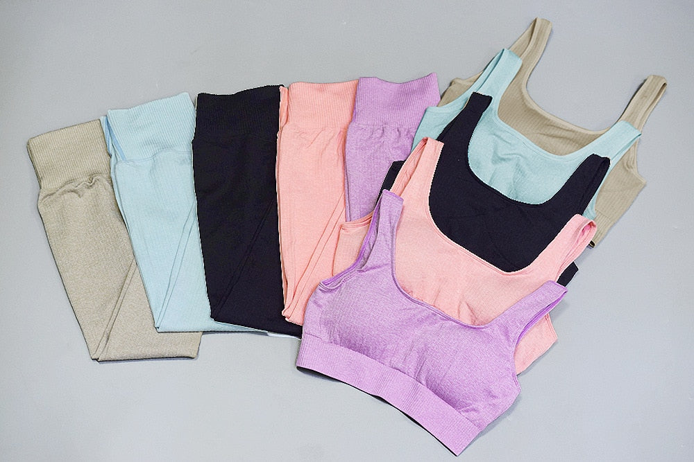 Two-piece fitness set with padded sports bra and seamless athletic leggings from The Clothing Company Sydney, ideal for gym and yoga workouts.