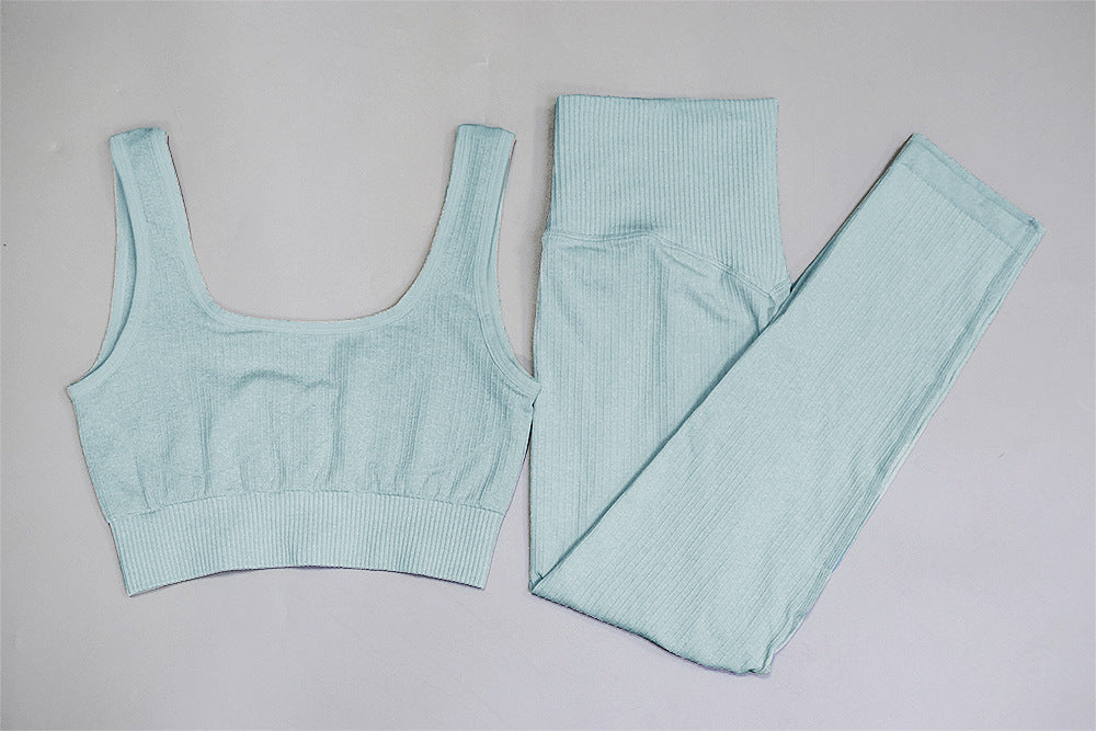Two-piece fitness yoga set with seamless athletic leggings and padded sports bra from The Clothing Company Sydney, designed for gym and sports.