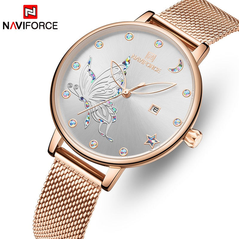 Luxury rose gold crystal watch with steel mesh bracelet for ladies, stylish wrist watch by The Clothing Company Sydney.