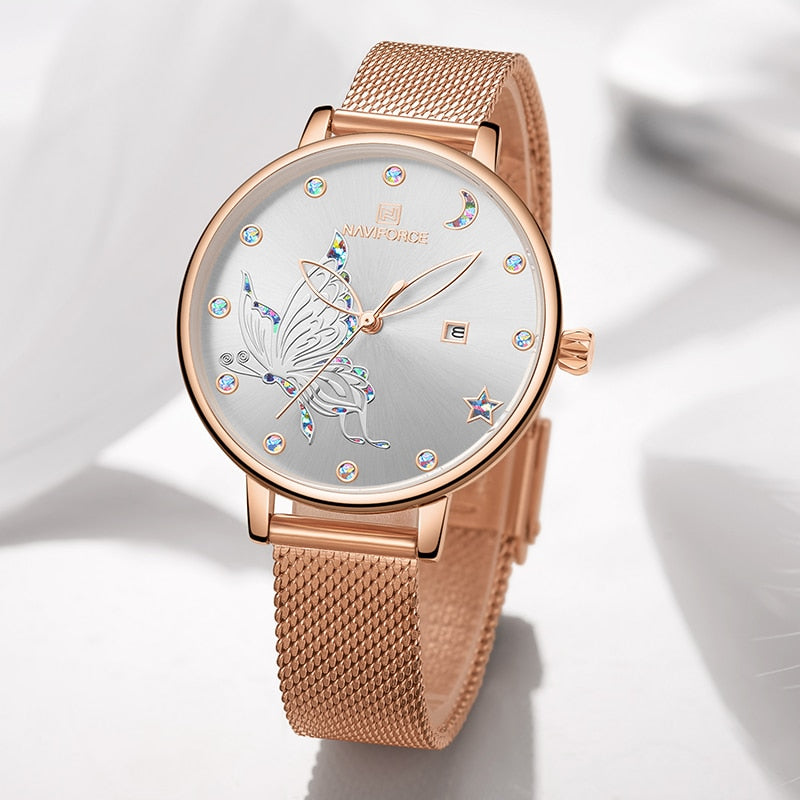 Luxury crystal rose gold steel mesh ladies watch with bracelet design from The Clothing Company Sydney.